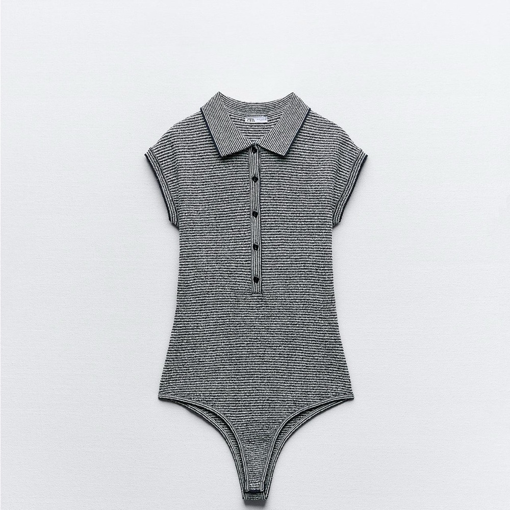 Zara Striped Ribbed Polo Bodysuit - Gray